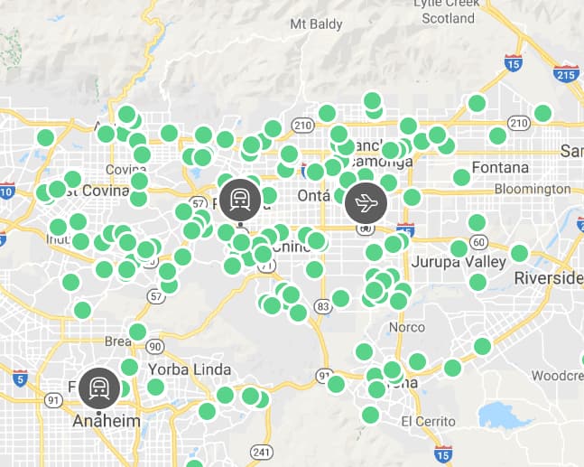 Mapa dos carros disponíveis para aluguel em Los Angeles