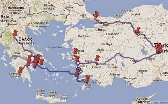 Mapa do roteiro da Grécia e Turquia